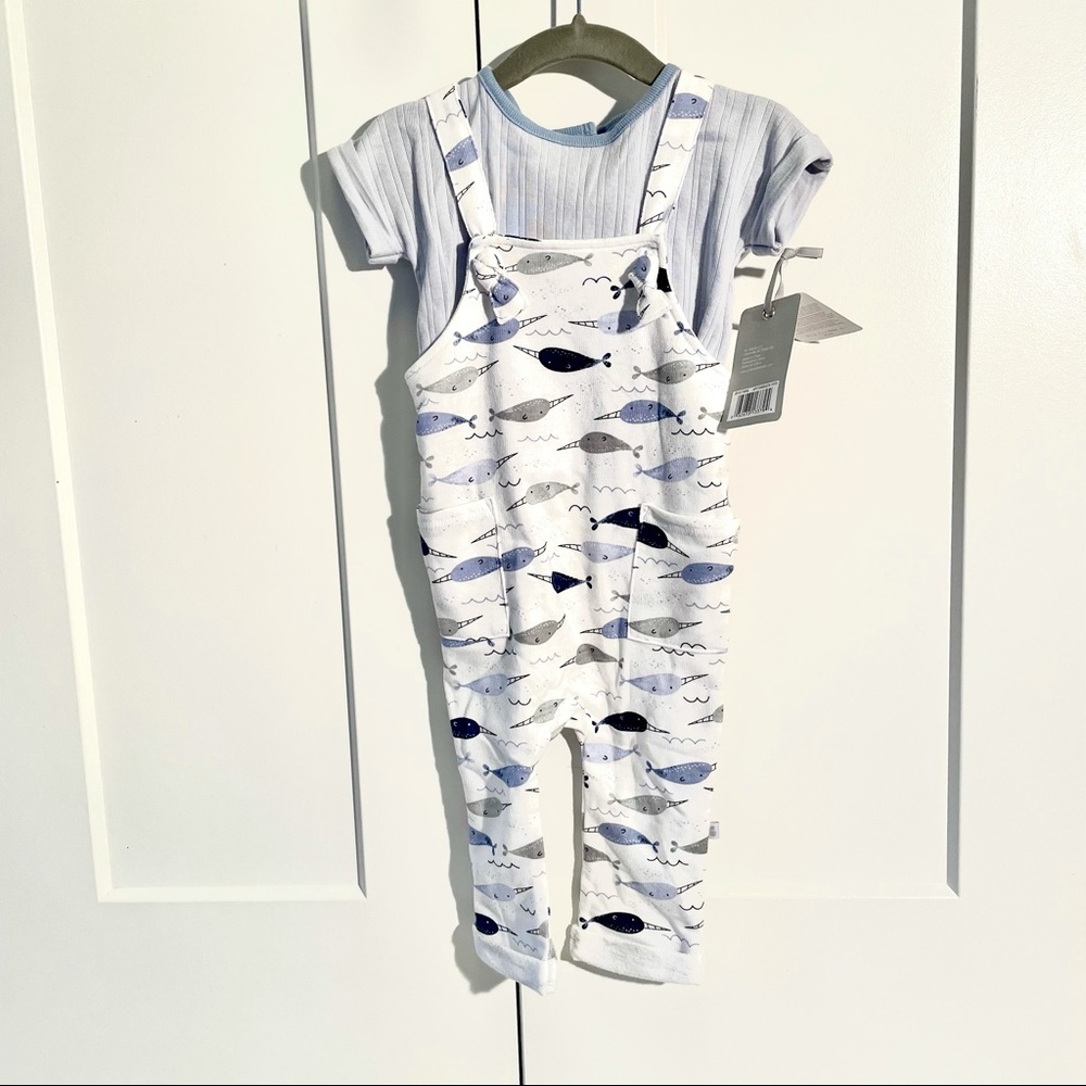 NWT Just Born Baby Boy Blue and White Narwhal Overall Outfit